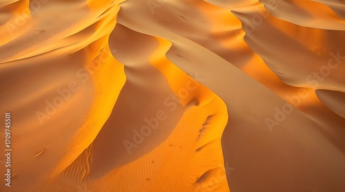 Abstract aerial view of golden desert dunes forming surreal wave-like patterns