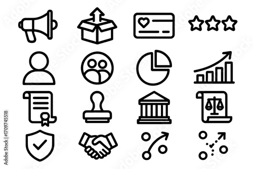 Business operations linear icon set. featuring megaphone, package, card, rating, profile, team, chart, graph