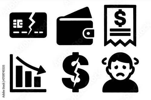 Financial crisis silhouette icons set. featuring credit card, wallet, receipt, graph, dollar sign, and worry symbols