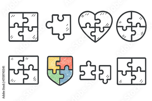 Puzzle pieces linear icon set. featuring square, circle, heart, shield, and separate pieces