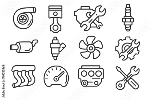 Automotive parts linear icon set. featuring turbo, piston, engine, wrench, spark plug, and fan symbols