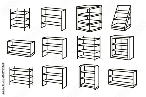 Furniture silhouette icon set. featuring bookshelf, bookcase, rack, shelf, cabinet, unit, storage, and display symbols
