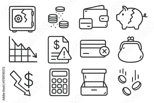 Finance and budget linear icon set. featuring safe, coins, wallet, piggy bank, chart, bill, credit card, purse, calculator, box