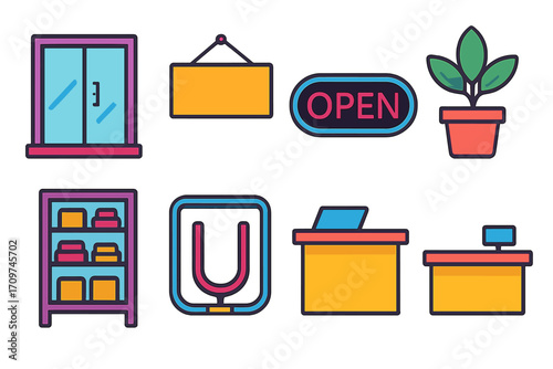 Store essentials flat icon set. featuring window, signboard, open sign, plant, shelf, checkout counter