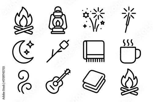 Camping essentials silhouette icon set. featuring campfire, lantern, fireworks, marshmallow, moon, guitar, blanket, and mug