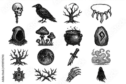 Magic and witchcraft linear icon set. featuring skull, raven, tree, amulet, cauldron, and dagger symbols