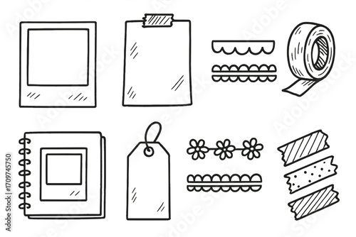Stationery linear icon set. featuring clipboard, notebook, tag, polaroid, tape, and borders