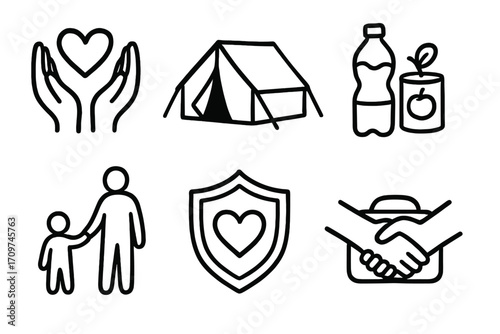 Charity and volunteering linear icon set. featuring heart, hands, camping, food, family, and handshake symbols