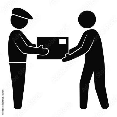 Delivery person handing a package to a customer in a simple silhouette illustration