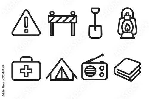 Camping equipment silhouette icon set. featuring warning, barrier, shovel, lantern, first aid, tent, radio, and books