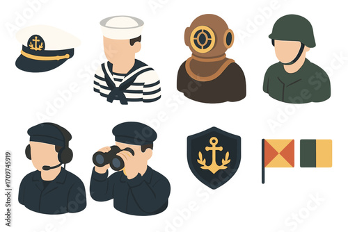 Nautical personnel flat icon set. featuring captain hat, sailor, diver, soldier, naval officer, binoculars, anchor, nautical flags