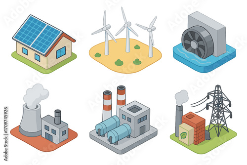 Energy sources flat icons set. featuring solar, wind, hydroelectric, nuclear, industrial, power.
