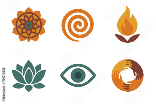 Spiritual elements flat icon set. featuring mandala, spiral, flame, lotus, eye, unity symbols