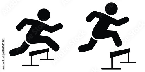 Two stylized figures in silhouette jumping over hurdles during a track and field race