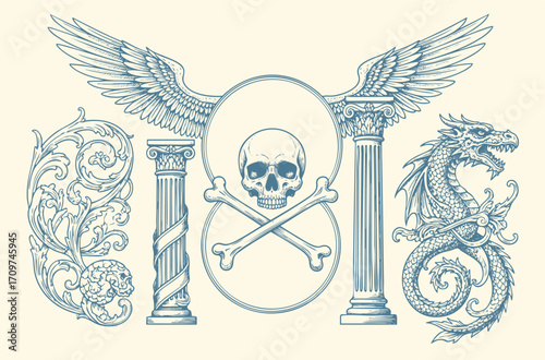 Floral decorative vector elements set, rococo and baroque style, SKULL, DRAGON, RENAISSANCE, vintage royal details. engraving illustration set