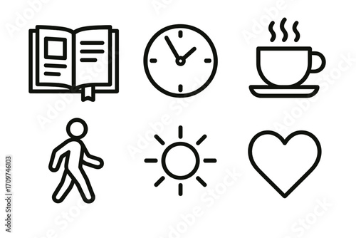 Daily routine silhouette icon set. featuring book, clock, coffee, walking, sun, and heart symbols