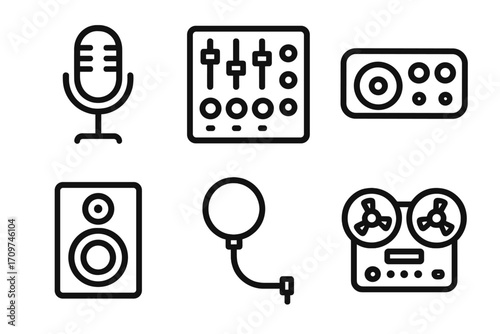 Music production linear icons set. featuring microphone, mixer, controller, speaker, cable, tape recorder
