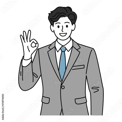 Business man in suit giving okay gesture with a smile and confident expression