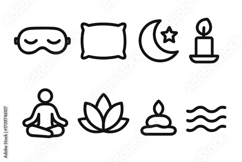 Relaxation and sleep silhouette icon set. featuring sleep mask, pillow, moon, candle, meditation, lotus, waves