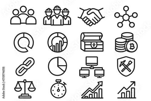 Business and finance linear icons set. featuring team, partnership, analytics, cryptocurrency, and security symbols