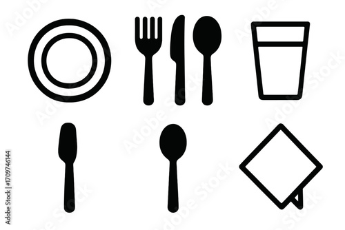 Dining silhouette icon set. featuring plate, fork, spoon, knife, glass, napkin symbols