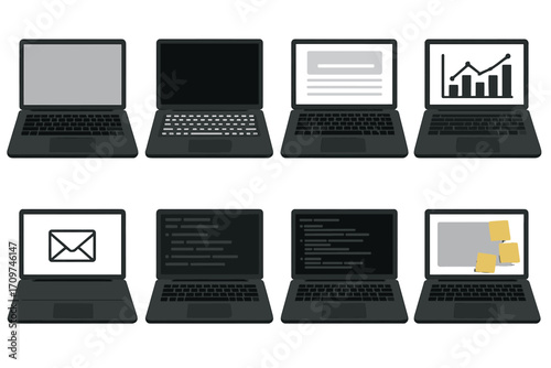 Office and communication silhouette icon set. featuring email, laptop, graph, chat, and notes symbols