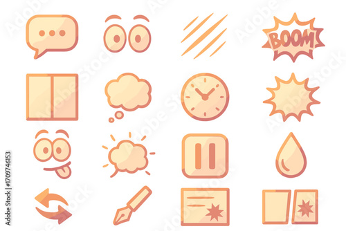 Comic elements flat icon set. featuring speech bubble, eyes, comic boom, clock, pause, raindrop, expression symbols