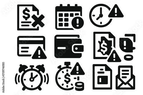 Finance and payment alert silhouette icon set. featuring invoice, calendar, clock, wallet, and bill symbols