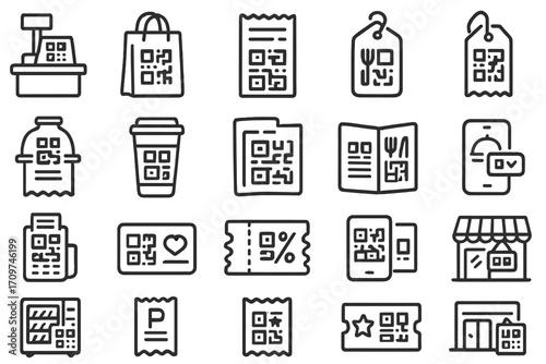 Shopping and dining linear icon set. featuring cash register, shopping bag, receipt, tag, menu, and storefront symbols