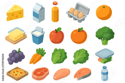 Food and drink flat icons set. featuring cheese, milk, juice, eggs, orange, butter, yogurt, apple, broccoli, and grapes