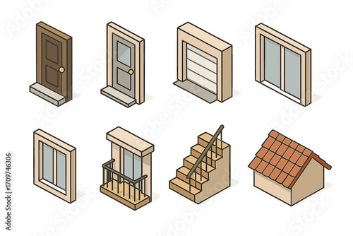 Construction elements isometric icon set. featuring doors, windows, balcony, stairs, and roof symbols