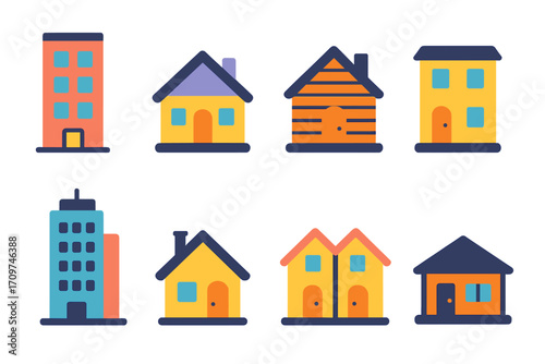 Real estate silhouette icon set. featuring skyscraper, house, cabin, apartment symbols