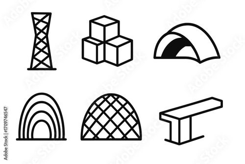 Modern architecture linear icon set. featuring tower, cubes, dome, arches, lattice, and beam structures