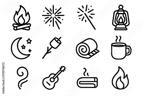 Camping essentials silhouette icon set. featuring campfire, lantern, moon, marshmallow, guitar, and coffee mug symbols