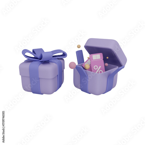 3d rendering of surprise gift box with discount coupon

