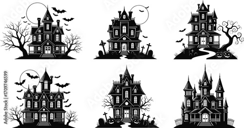 Set of six detailed spooky haunted houses with bats, pumpkins, graves, full moon, eerie trees, Halloween horror vector silhouette illustrations