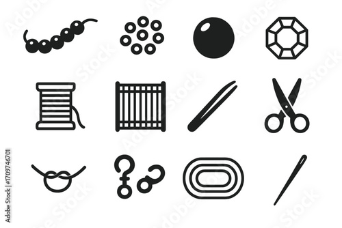 Craft supplies silhouette icon set. featuring beads, spool, fence, tweezers, scissors, knot, and needle symbols