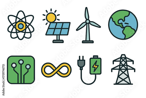 Energy and environment linear icons set. featuring atom, solar, wind, earth, circuit, infinity, battery, pylon