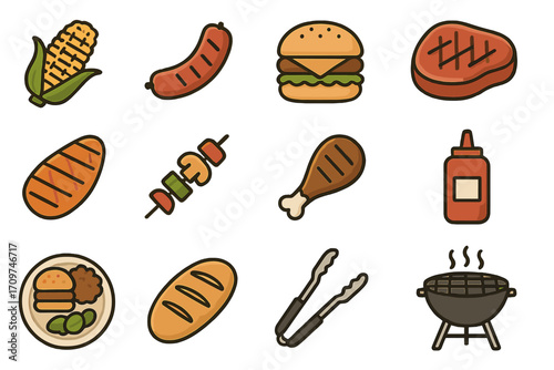 Barbecue food flat icons set. featuring corn, sausage, burger, steak, skewers, drumstick, sauce, grill, and tongs
