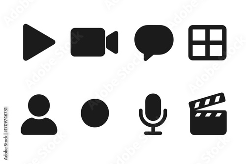 Media and communication silhouette icon set. featuring play, video, chat, gallery, user, record, microphone, clapperboard