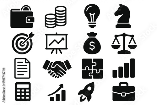 Business and finance silhouette icon set. featuring wallet, coins, light bulb, chess piece, target, presentation.