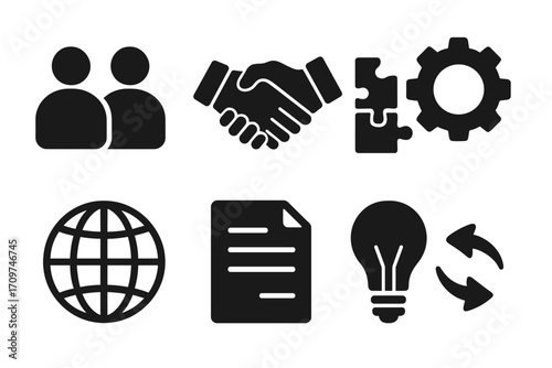 Business silhouette icon set. featuring team, handshake, puzzle, gear, globe, document, light bulb, refresh