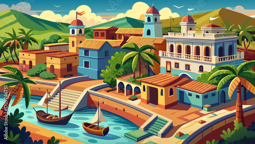 Coro and its Port in Venezuela exhibit earthen colonial buildings, sandy streets, and coastal fortifications, reflecting early Spanish colonial urbanism and architectural traditions in the Caribbean b