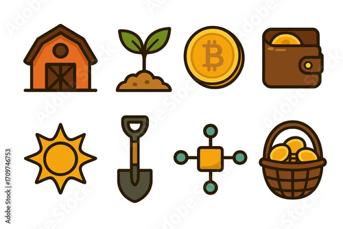 Farming and cryptocurrency flat icon set. featuring barn, plant, bitcoin, wallet, sun, shovel, nodes, and basket