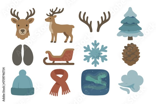 Winter and nature silhouette icon set. featuring deer, antlers, tree, lungs, snowflakes, pinecone, sled, hat, scarf, aurora, wind