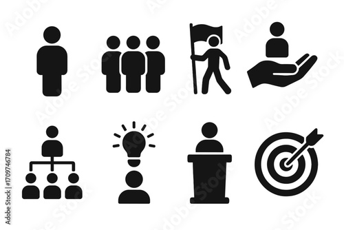 Leadership silhouette icon set. featuring person, teamwork, leader, support, hierarchy, innovation, speaker, target