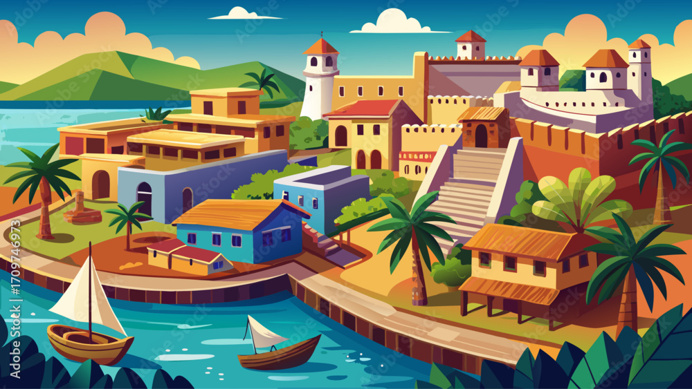 Fototapeta premium Coro and its Port in Venezuela exhibit earthen colonial buildings, sandy streets, and coastal fortifications, reflecting early Spanish colonial urbanism and architectural traditions in the Caribbean b