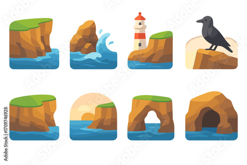 Nature landscape flat icon set. featuring cliffs, waves, lighthouse, raven, sunrise, caves, and rocks