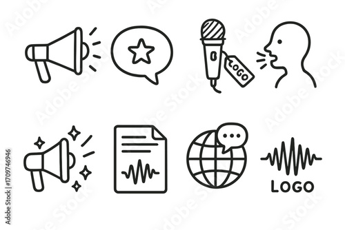 Communication linear icon set. featuring megaphone, speech bubble, microphone, speaker, globe, and document symbols
