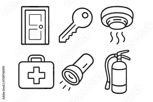 Home safety linear icon set. featuring door, key, smoke detector, first aid kit, flashlight, fire extinguisher symbols